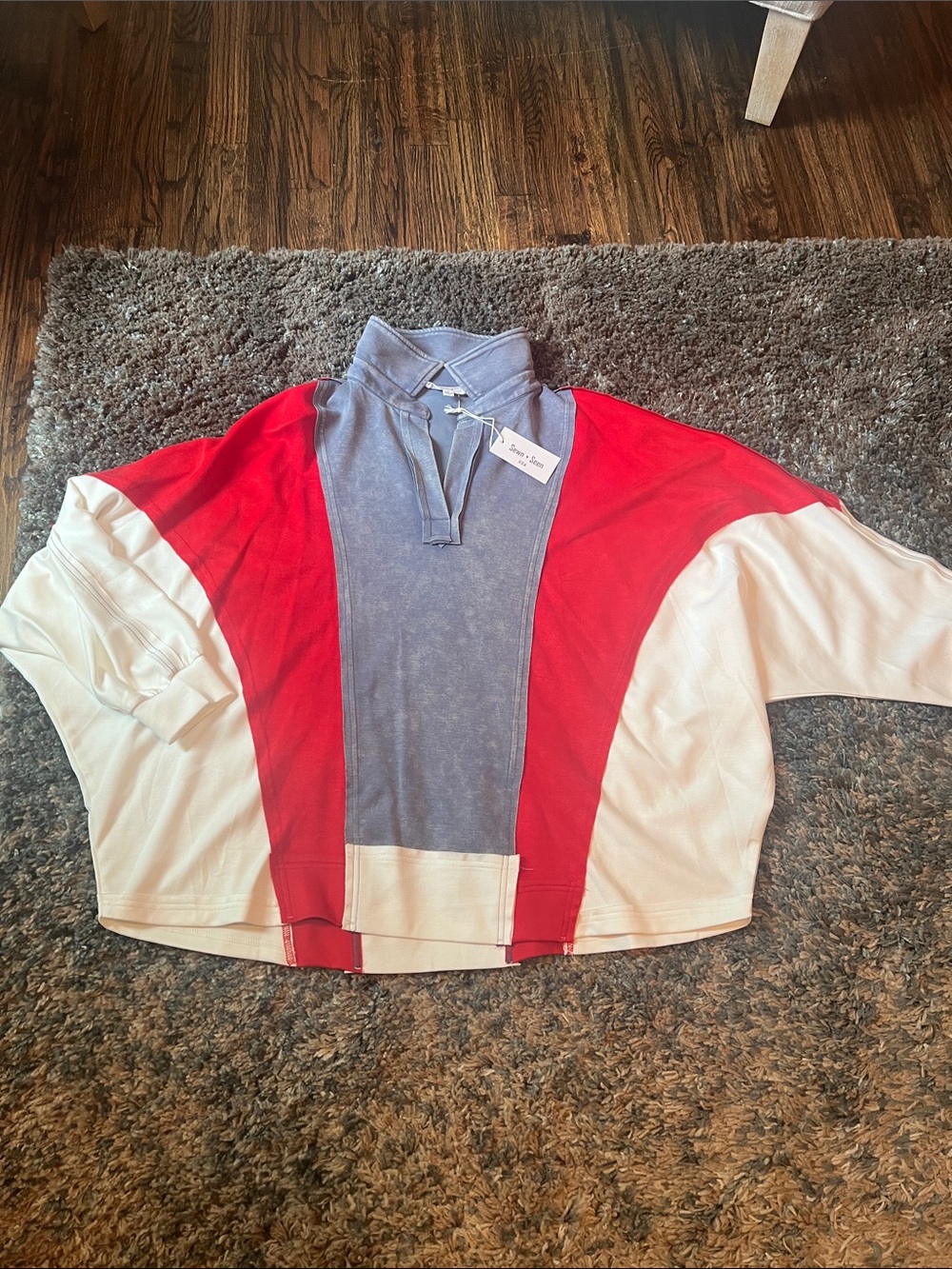 U.s.a-Colorblock Mock Neck Pullover Sweatshirt — Red, Blue & White